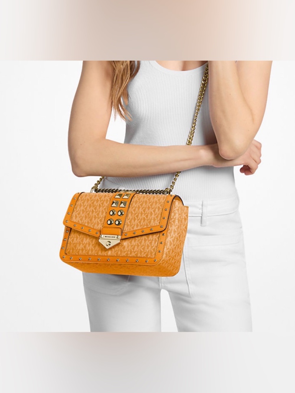 Michael Kors Orange Studded Logo Crossbody Bag